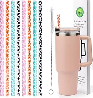 AIERSA 8 Pack Leopard Straw Replacement 40oz for Stanley,Plastic Reusable Straw for Stanley Adventure Quencher Travel Tumbler,Long Straws with Cleaning Brush for Stanley Cup Accessories