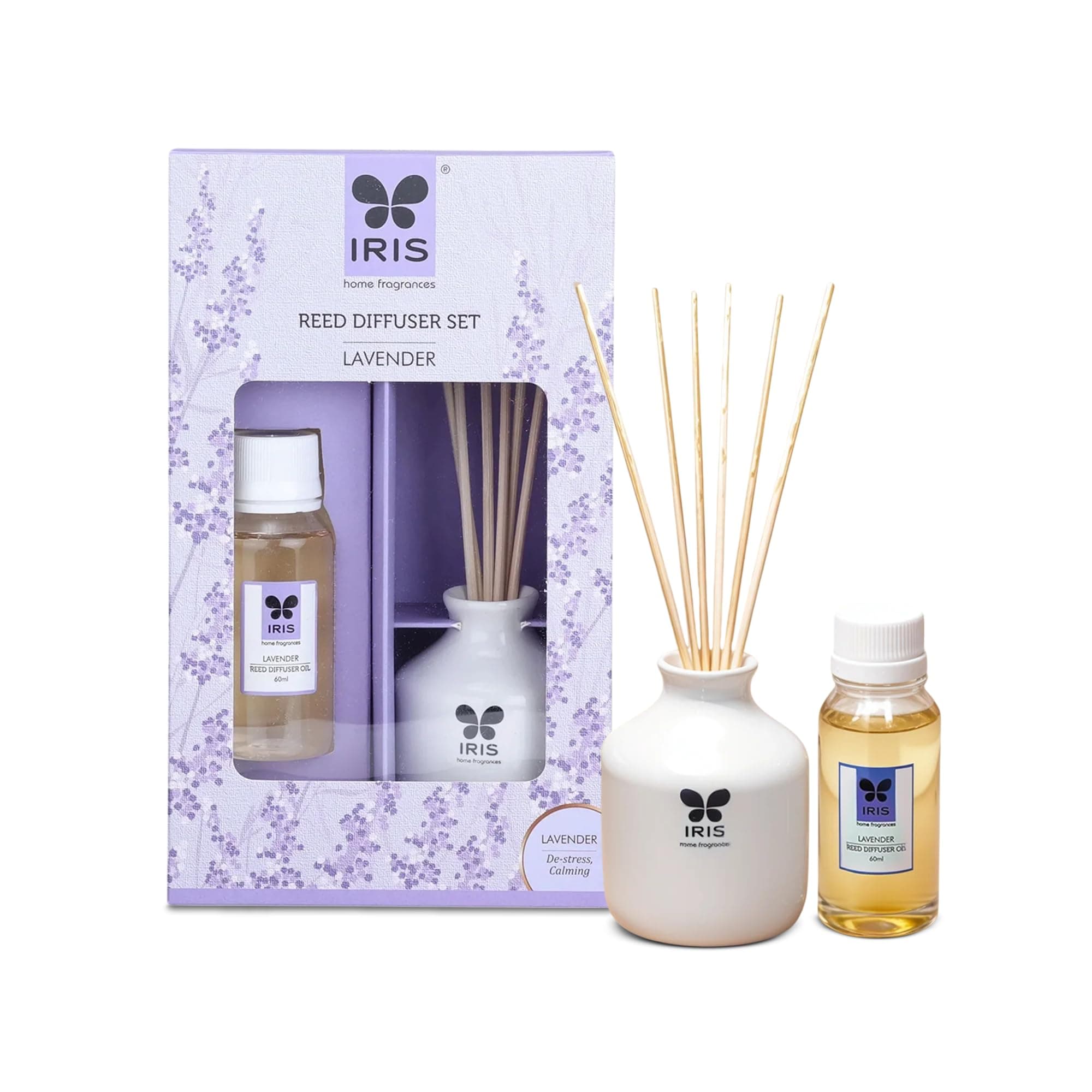 IRIS Home Fragrance,60Ml Lavender Reed Diffuser Set |Free 6 Reeds Sticks of 7.5"|Stress Relief & Aromatherapy |Long-Lasting,Smoke-Free Air Freshener for Home,Bedroom and Office | Ideal for Gifting