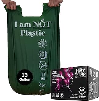 Large Compostable Trash Bags - 10-13 Gallon, 50 Pack, 100% Plastic-Free Decomposing Easy-Tie Trash Can Bags & Liners, Thick Kitchen, Bathroom & Backyard Bin Bags for Food & Green Waste
