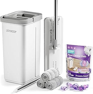 JOYMOOP Mop and Bucket Set with Floor Cleaner Pods,Flat Mop and Bucket System with 3 Reusable Microfiber Mop Pads,Freesia Scent Mop Soap Pack of 15 for Floor Cleaning