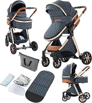 2 in 1 Baby Stroller, Convertible Pram, Reversible Standard Stroller, Portable Baby Buggy, Infant Carriage, Foldable High Landscape Pushchair for Toddler Newborn (225 Blue)