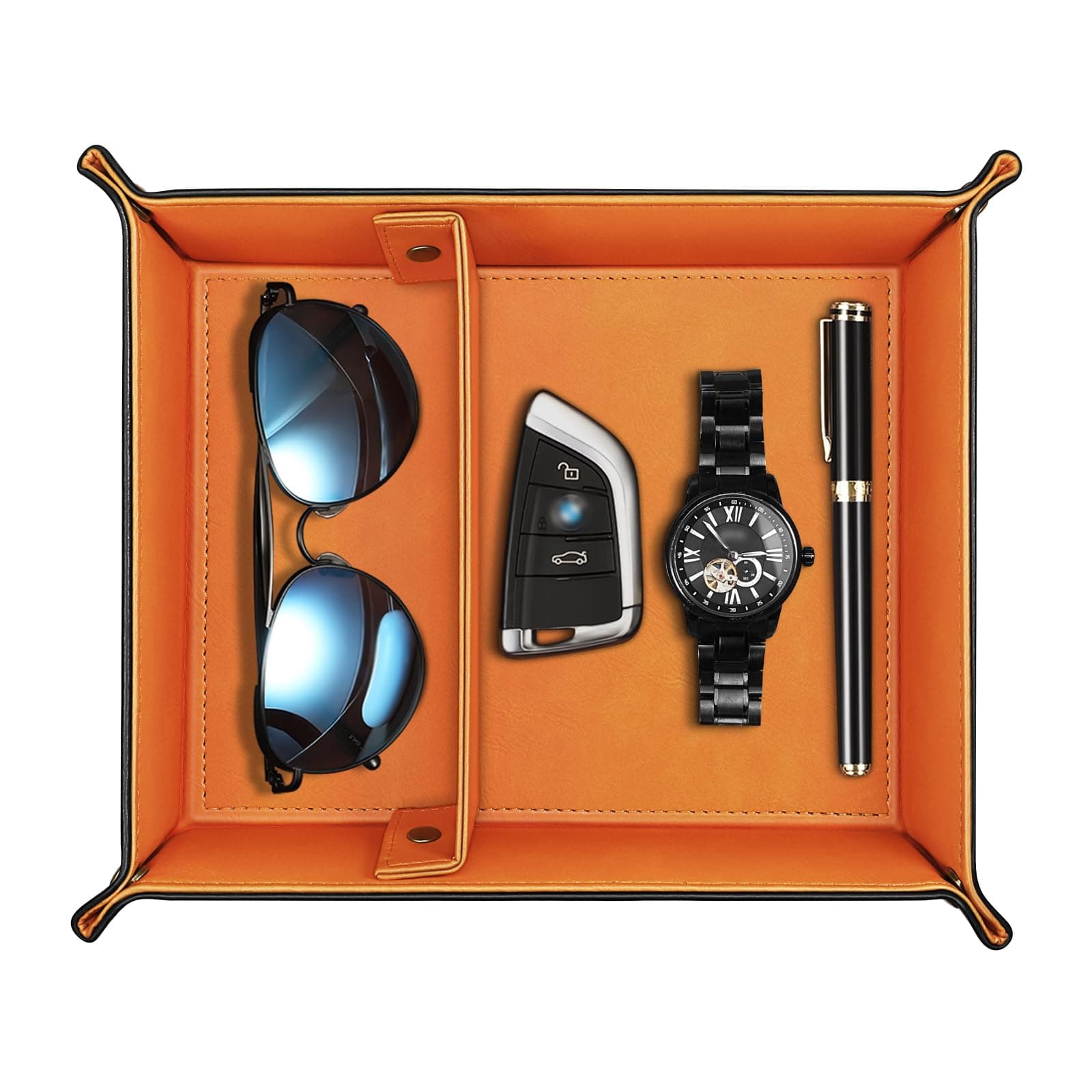 PU Leather Tray, Organizer Storage Tray with 2 Compartments for Coin, Key, Wallet and Accessories (Orange/Black)