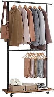 SONGMICS Portable Clothes Rack, Clothes Rail on Wheels, 98.5 cm Double Clothes Hanging Rail, with Height-Adjustable Middle Rod, Storage Shelf, Loads up to 55 kg, Rustic Brown and Ink Black HSR153B01