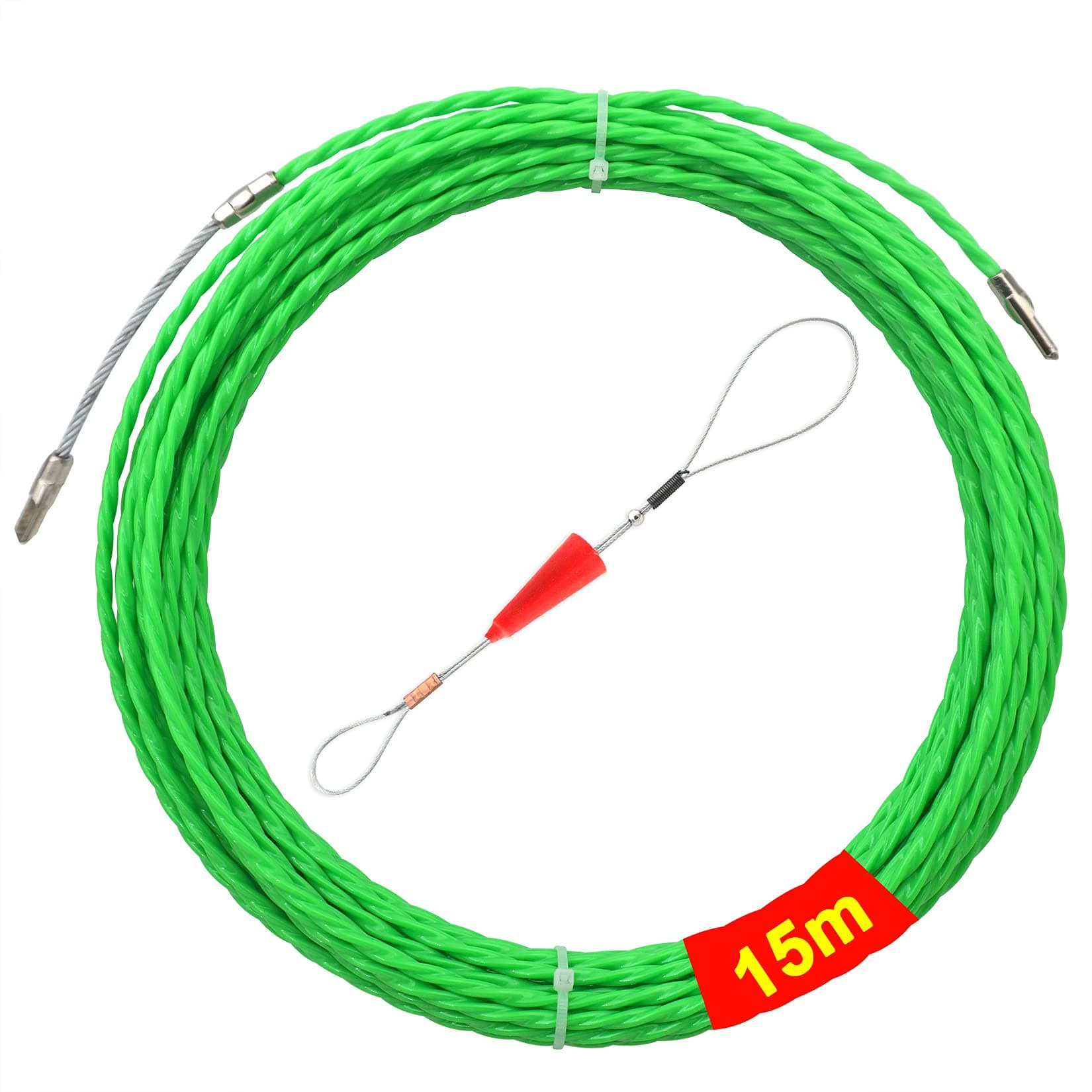 Akuoly Retractable Spiral 15 m Polyester Retractable Wire with Guide Spring Retractable Tape φ4.5 mm Cable Retraction Aid in Ideal Retractable Tape for Cable Laying Empty Pipes, Green