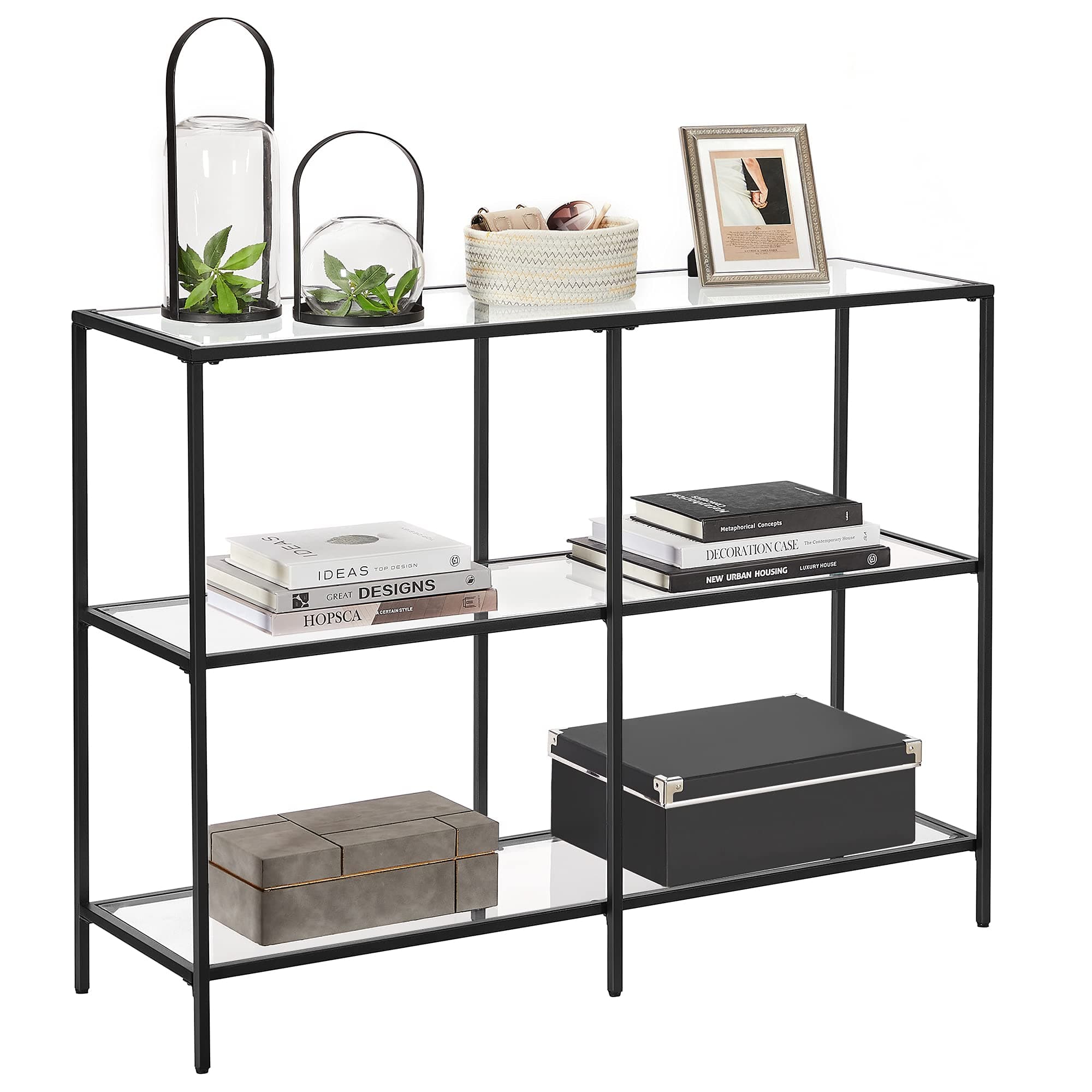 VASAGLE 39.4 Inch Console Table with 3 Shelves, Sofa Table, Entryway Table, Metal Frame, Tempered Glass Shelf, Modern Style, for Entryway Living Room Bedroom, Classic Black and Transparent ULGT027B01