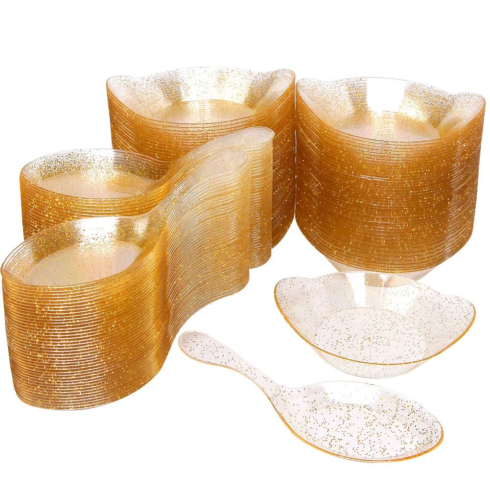 WDF 100Pack Gold Glitter Tasting Spoons-100Pack Plastic Mini Dessert Plates -Small Plates for Parties &Wedding