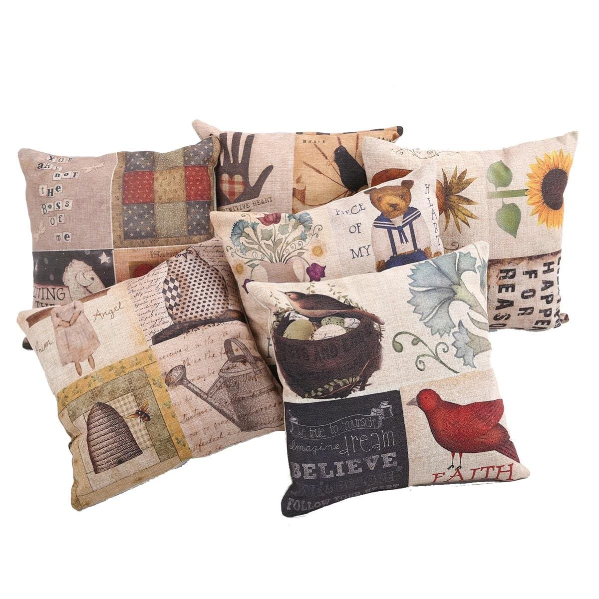 Mega TPC Home Decor Cotton Linen Square 6Pcs Pillowcase Set of 6 Vintage Patchwork Pattern Throw Pillow Sham Cushion Cover 18" x 18"