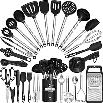 Kitchen Utensils Set-Umite Chef 34 Pcs Silicone Cooking Utensils Set for Nonstick Cookware-Silicone Spatulas Set, Stainless Steel Handle-Black Kitchen Gadgets Tools, Pots and Pans Accessories
