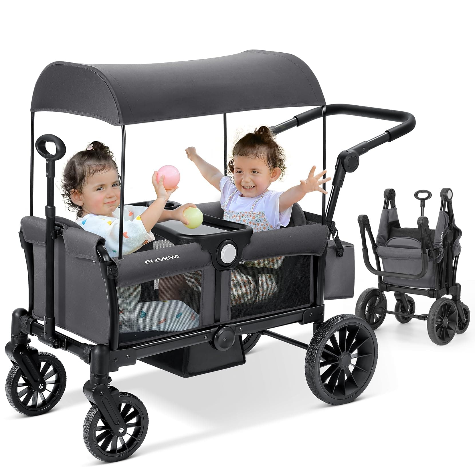 ELEMARA Stroller Wagon, 2 Seat Wagon Stroller for 2 Kids, Premium All Terrain Wagon for Kids w/Removable Canopy, Adjustable Push/Pull Handle, Large Storage Bag, Gray