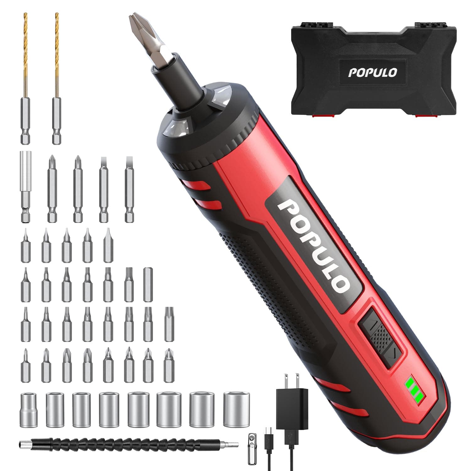 POPULO 4V Electric Screwdriver Kit,6 Torque Settings, Power Screw Driver Cordless Rechargeable with LED Work Light, 32 pieces Screwdriver Bits, 8 Sockets, Flex Hex Shaft, Bit Holders and Storage Box