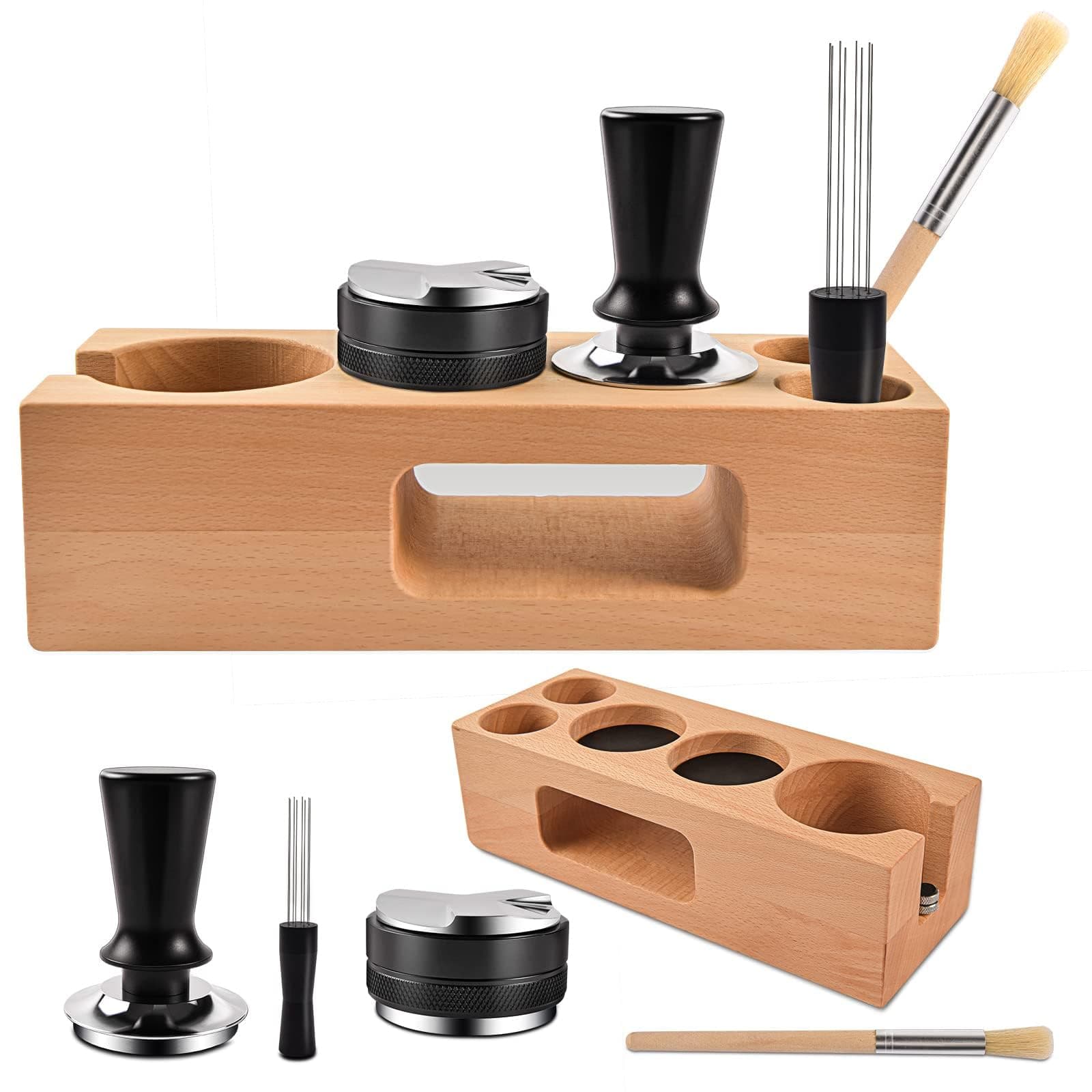 5 pack Espresso Tamper Coffee Distributor & Tamper Espresso Stirrer Wood Coffee Tamper Station Espresso Tamping Mat Compatible with All Espresso Accessories（58mm)