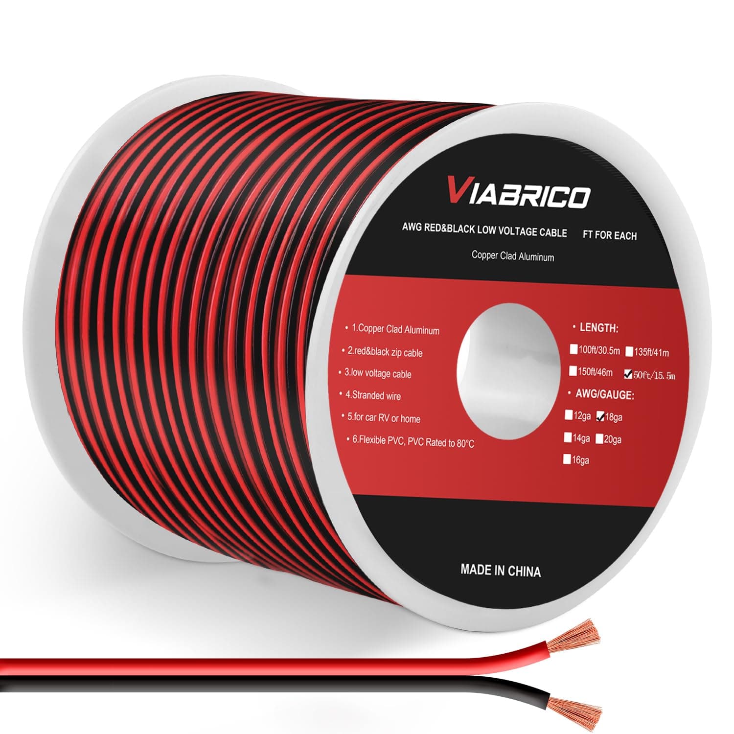 18AWG 50FT Electrical Wire Cable 2 Conductors Red Black Cable Hookup LED Lighting Strips Flexible Wire Extension Cord 18 Gauge Copper Clad Aluminum Copper Wire 12V/24V DC Cable