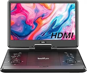 15.7" Portable DVD Player with 14.1" Large Screen Support, HDMI Input, 5 Hrs Rechargeable Battery, Sync TV/Projector, USB/SD, Region Free, Dual Speaker, Multiple Disc Formats, Black