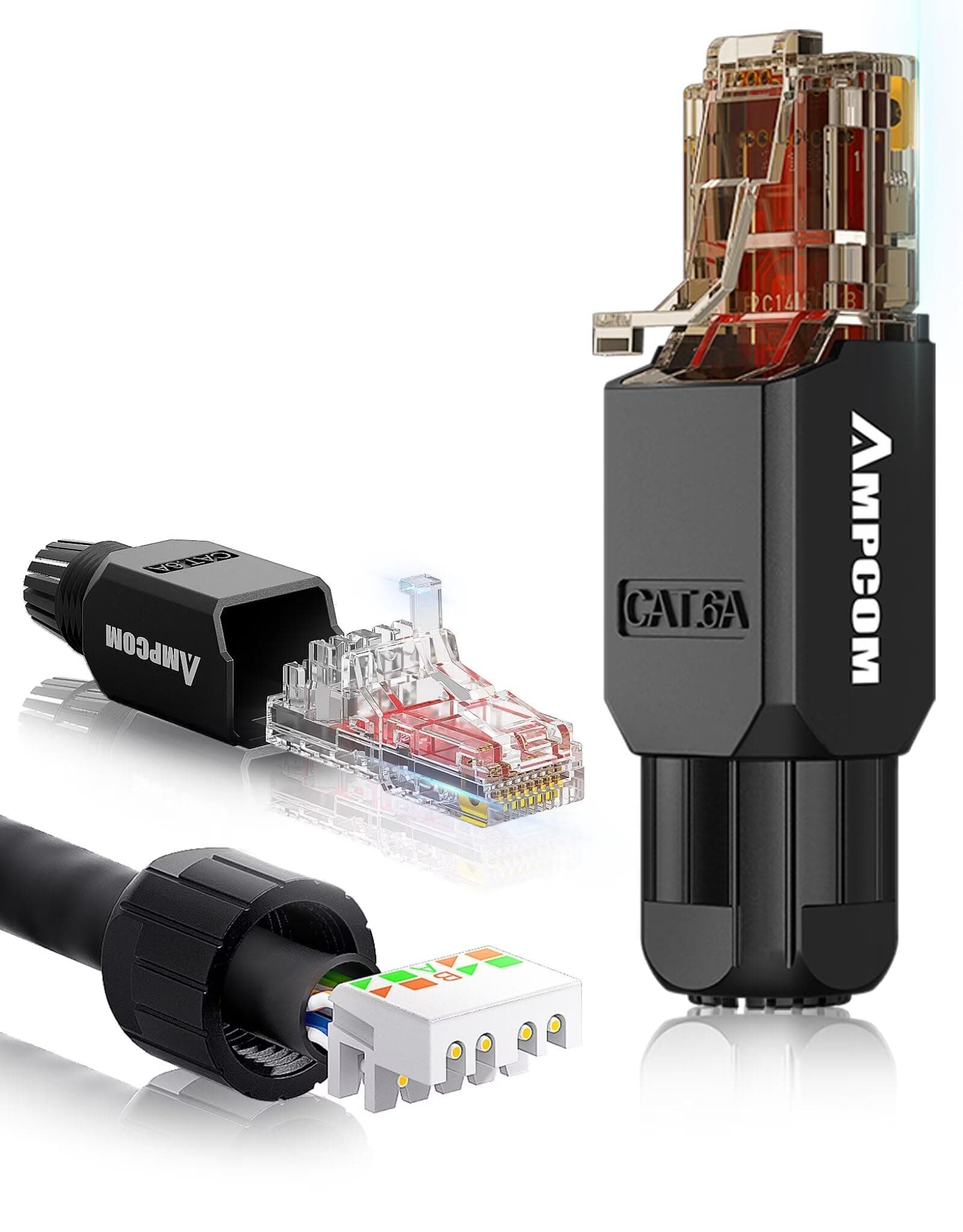 Cat6A Tool Free RJ45 Connector UTP Field Termination Modular Plug for 23-26 AWG Unshielded Ethernet Cable (Black, 6 Pack)