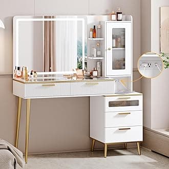 47.24" Big Modern Vanity Desk with Mirror and Lights, Vanity Desk with 29.53" HD Lighted Mirror, Makeup Vanity with 5 Drawers and Storage Shelves and Charging Station, White2