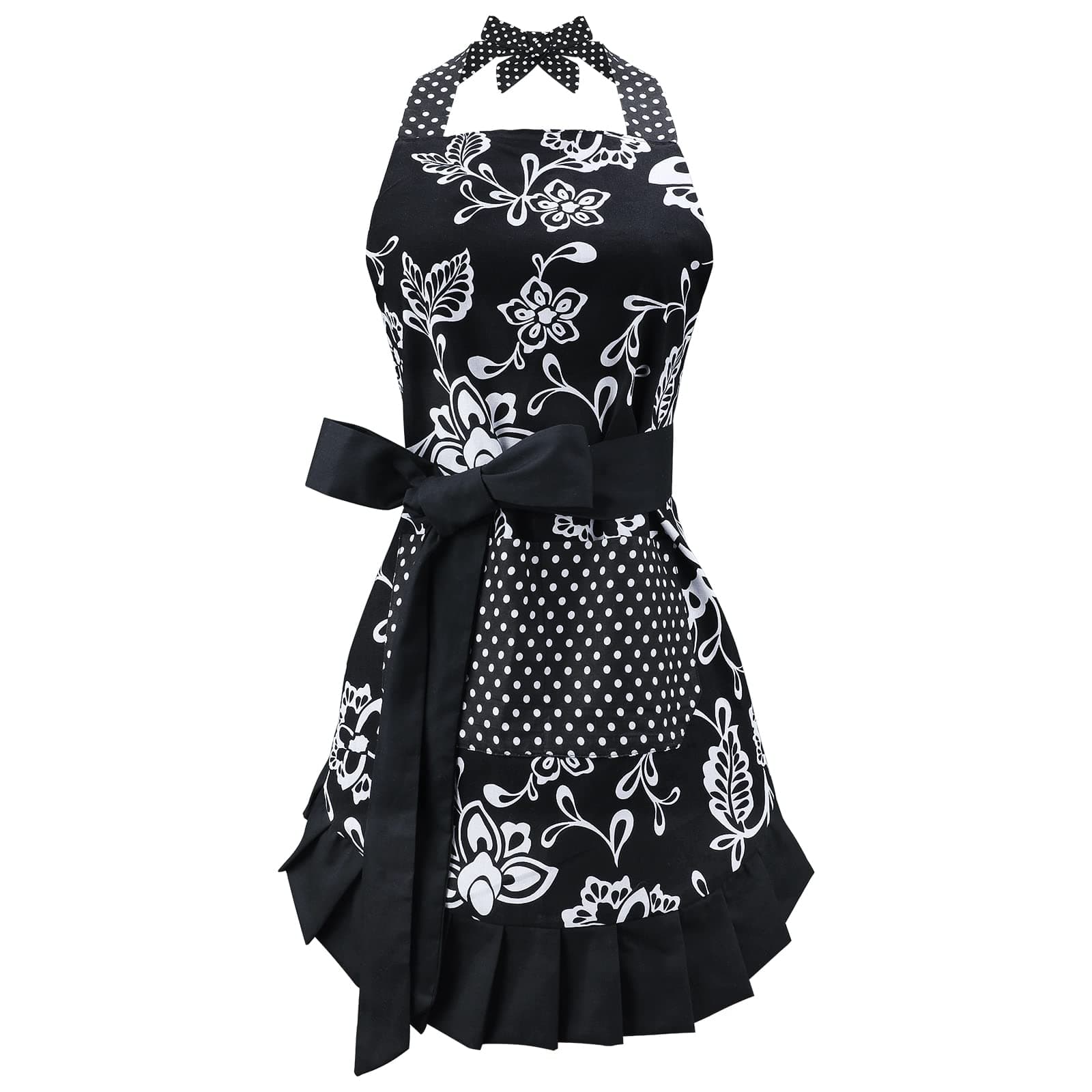 Black : Apron for Women with Pockets, Extra Long Ties, G2PLUS® Floral Apron, Perfect for Kitchen Cooking, Baking and Gardening, 29 x 21 - inch (Black)