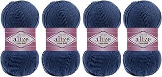 Alize 55% Cotton 45% Acrylic Yarn Cotton Gold Thread Crochet Hand Knitting Art Lot of 4skn 400 gr 1444 yds (279-Midnight Blue)