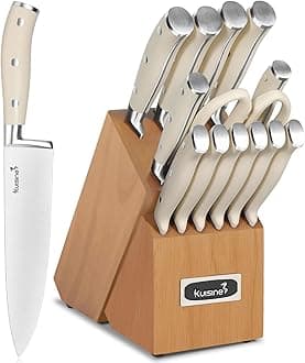 Kuisine Kitchen Chef Knife Block Set,High Carbon Stainless Steel Razor-Sharp Blade Ergonomic Handle,Sharp Knife Set with Built-in Sharpener,Elegant Gift(Irovy-Acacia,15pcs)