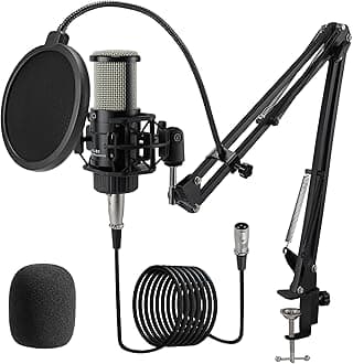 XLR Condenser Microphone, Professional Cardioid Recording Microphone Kit with 25mm Diaphragm for Streaming, Podcasting, Singing, Vocal, Studio Mic with Boom Arm, Pop Filter (AC22)