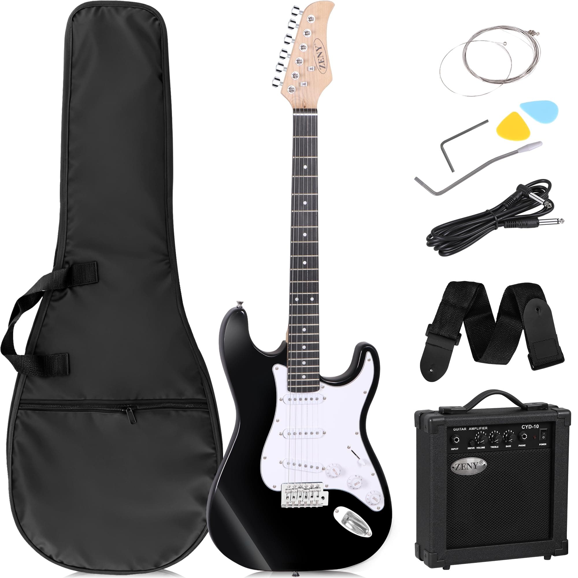 39 Inch Full Size Electric Guitar Kits with Adjustable Strap, 10W Amp, Case Bag and Strings for Beginner Starter, Kids(Black)