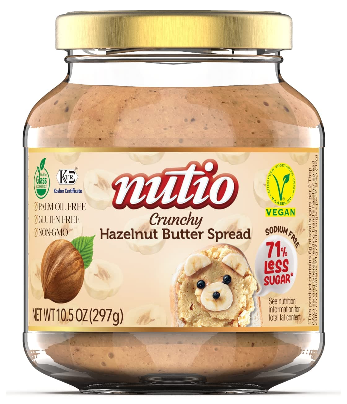 Nutio Crunchy Hazelnut Butter Spread, More Hazelnut, Less Sugar, Low Carb, Keto Friendly, Vegan, Palm Oil and Gluten Free, Non GMO, Sodium and Cocoa Free, 10.5 oz (1 Pack) Glass Jar