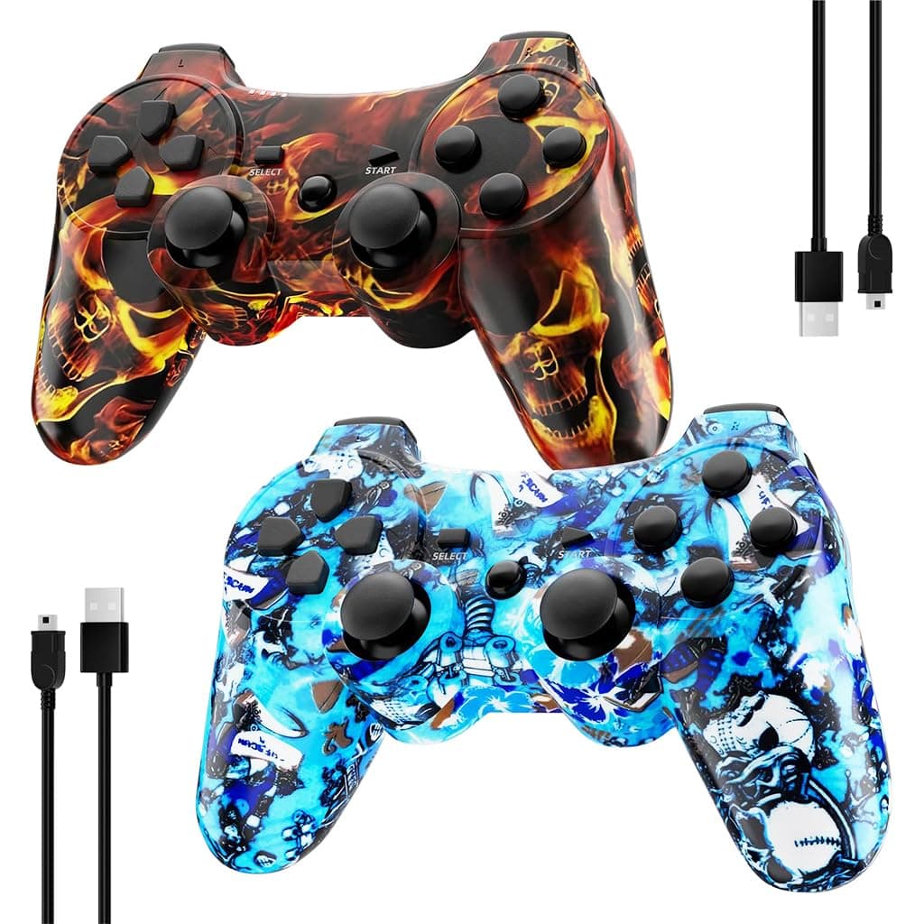 Kujian Controller for PS3, Wireless Controller for Playstation 3 6-axis Dual Vibration Gaming Controller with Charging Cord(Blaze Skull+Blue punk)