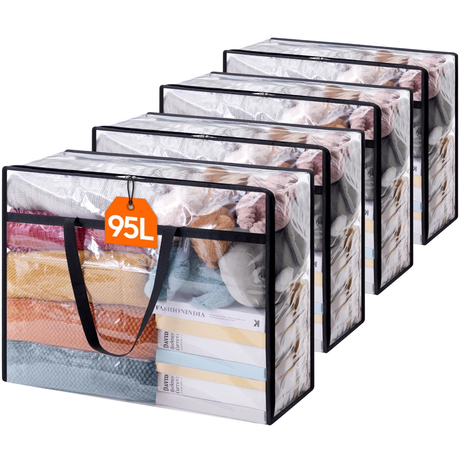 4 Pack Clear Plastic Storage Bags, 95L Foldable Clothes Storage Boxes Wardrobe Storage Organizer Moving Bags with Reinforced Handle for Loft Wardrobe for Bedding Clothes Blanket Duvet