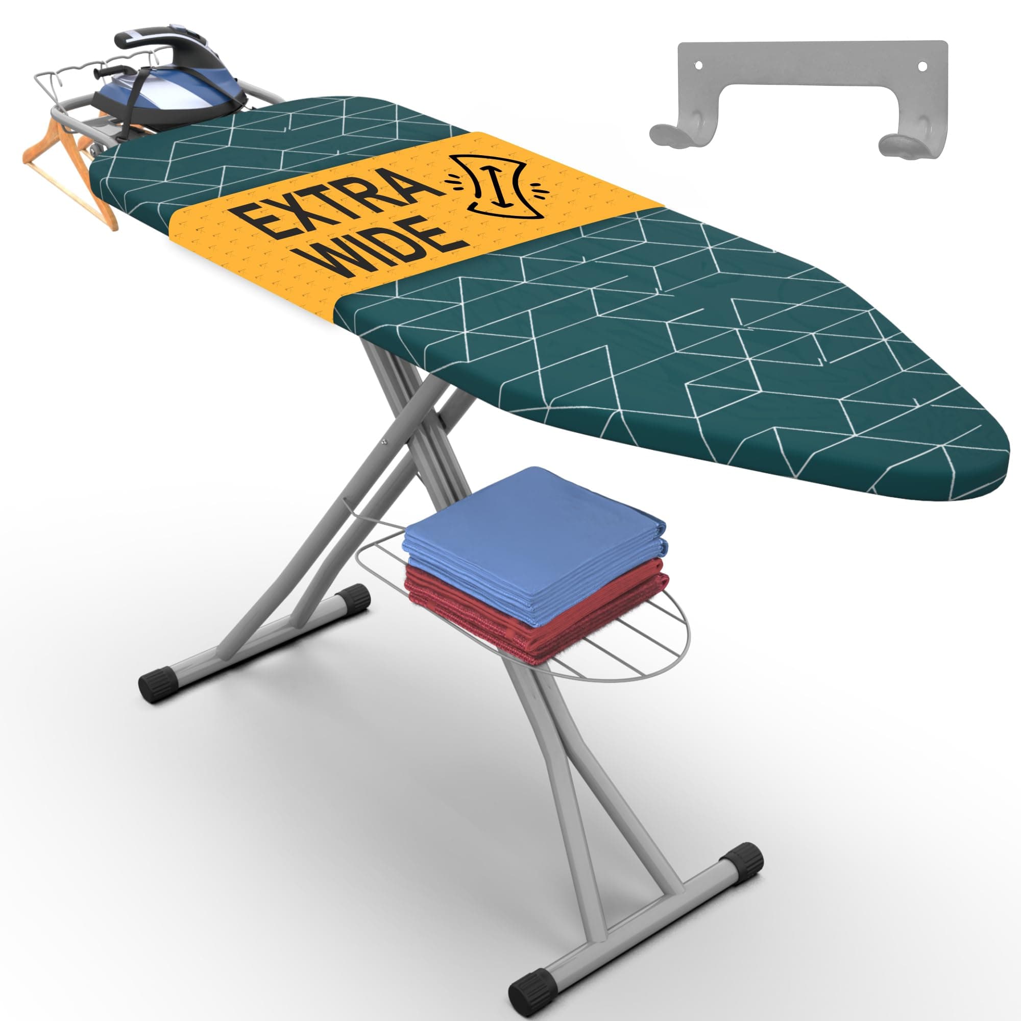Full Size Ironing Board 57" X 18" with Wall Mount Hanger, Full Metal Construction Iron Board, Built in Iron Caddy, Heat & Scorch Resistant Fabric, Cord Holder, Anti-Skid Feet, Heavy Duty