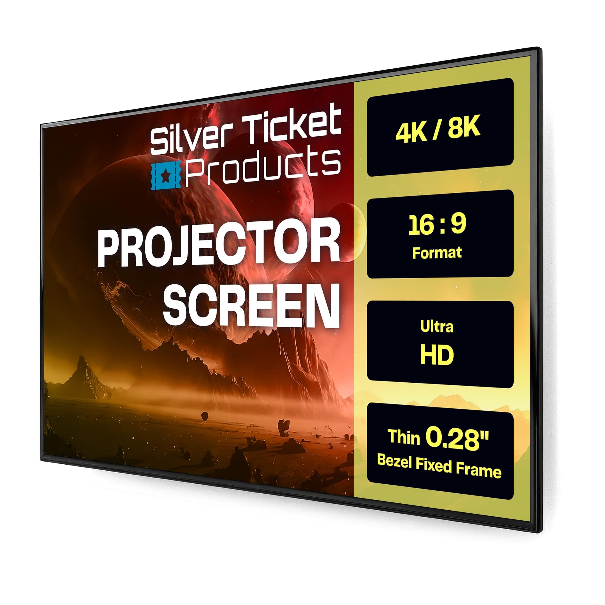 Silver Ticket Products S7 Series 6 Piece Thin Bezel Home Theater Fixed Frame 4K/8K Ultra HD, HDTV, HDR & Active 3D Projection Screen, 16:9 Format, 120" Diagonal, Woven Acoustic Material S7-169120-WAB