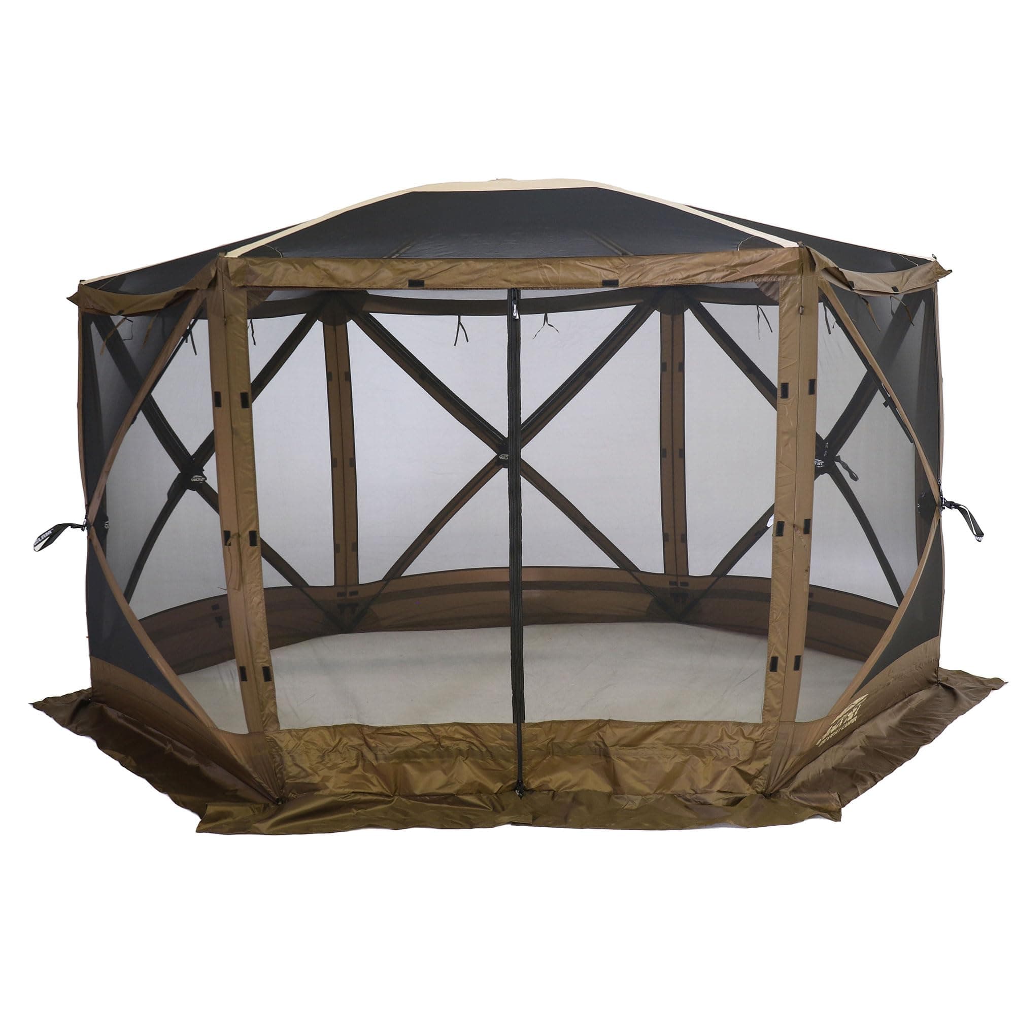 Quick-Set Escape Sky Camper 11.5’ x 11.5’ Pop-Up Outdoor Gazebo Instant Screen Tent 6-Sided Canopy Shelter w/Ground Stakes & Carry Bag, Brown