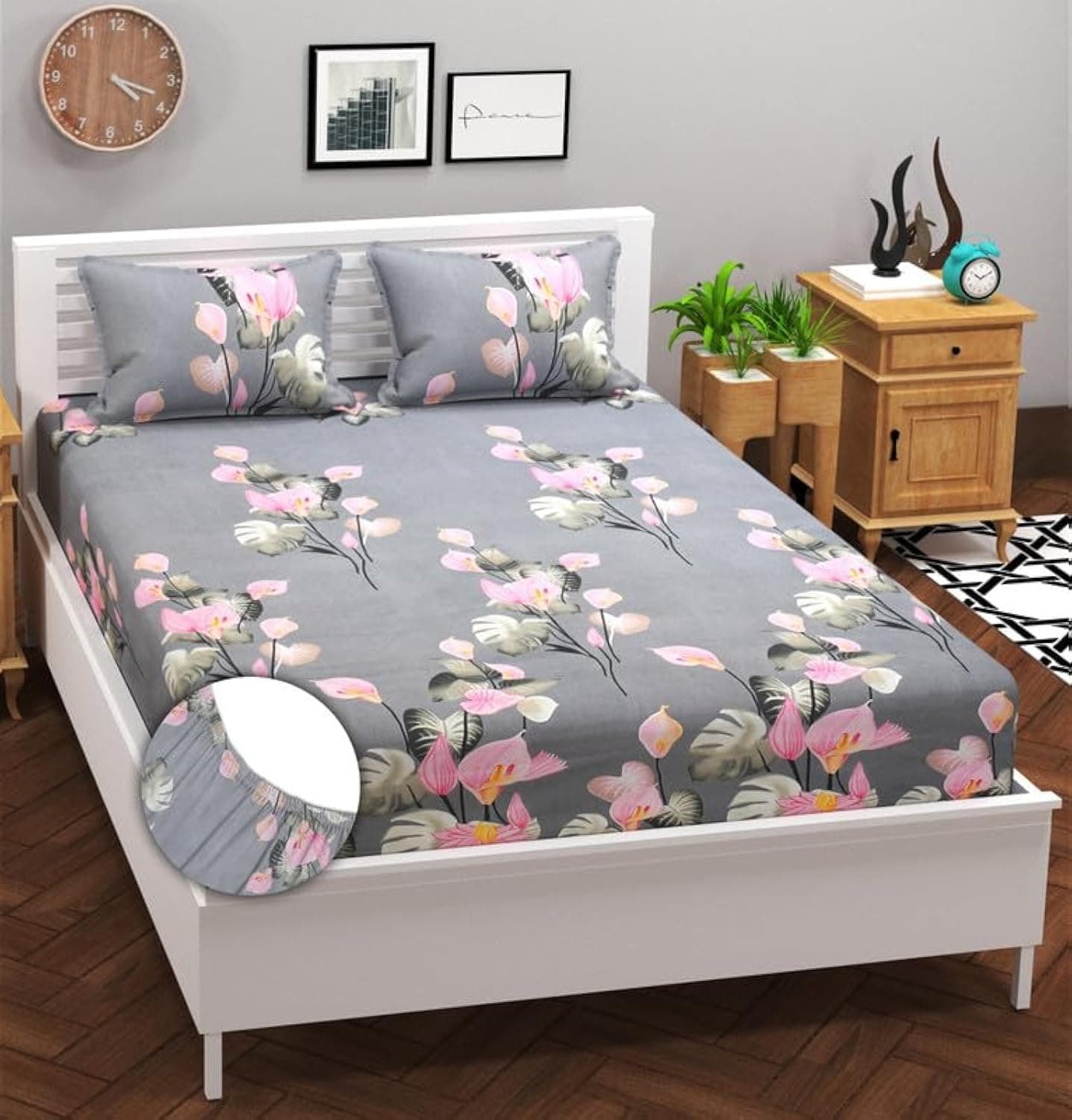 BSB HOME Premium Cotton Elastic Fitted Bedsheets with 2 QueenSize Pillow Covers | Double Bed with All Around Elastic 180 TC Supersoft | Size - 72 QueenSizex36+10 inches | Grey & Pink Flower