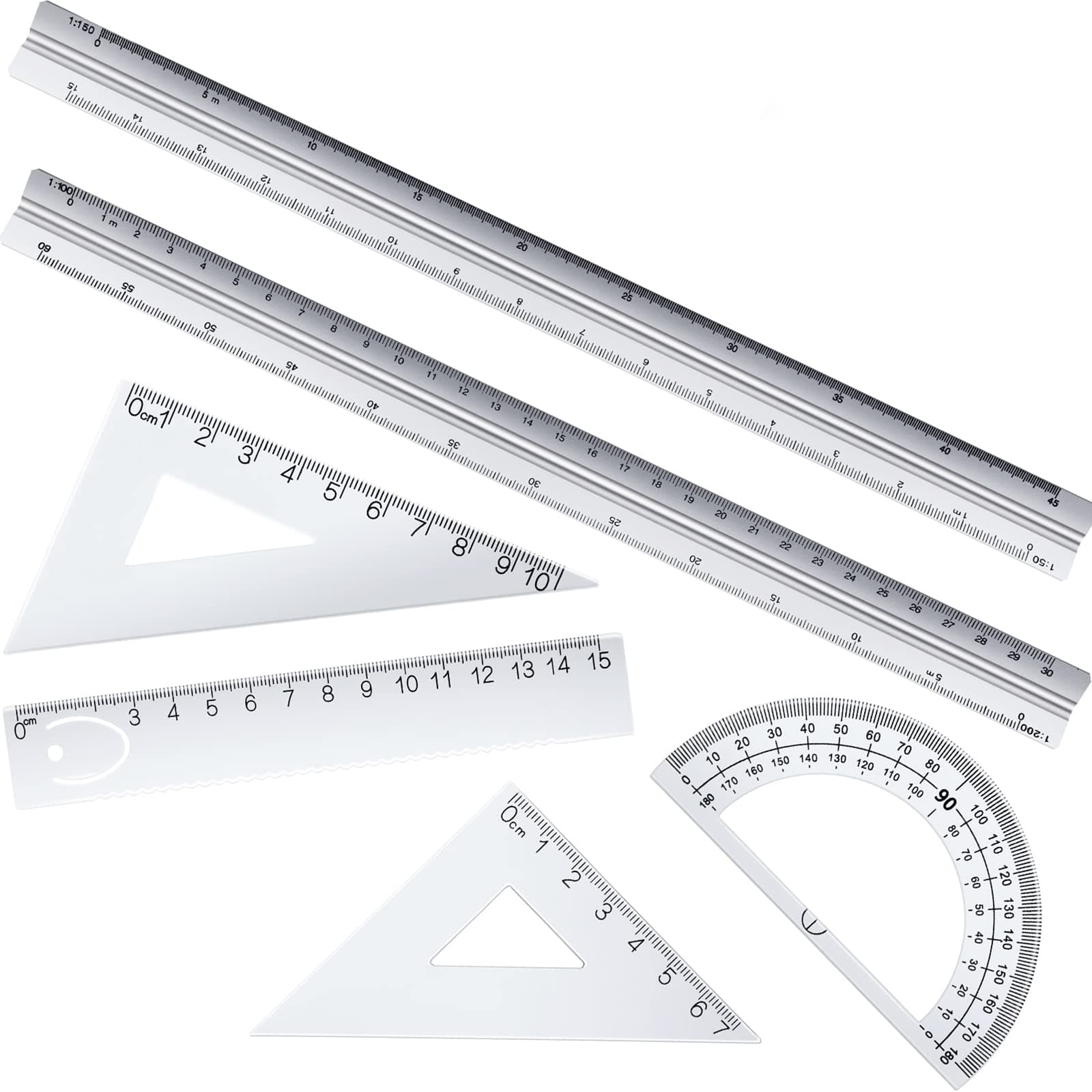 6 Pcs Triangular Ruler Set 12 Inch Engineering Scale Aluminum Architect Drafting Ruler Metal Protractor Arquitectura Accessories for Students Draftsman Engineers Metric