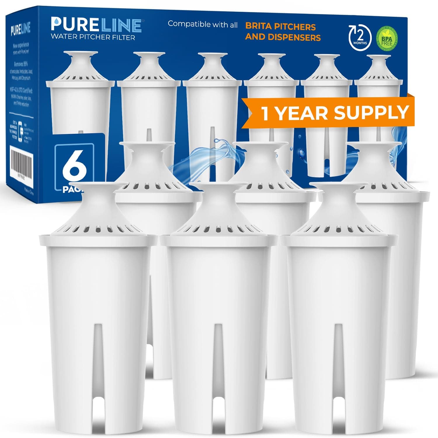 Replacement for Brita Water Filter, Brita Water Pitcher Filters Six Pack. Compatible with Brita Pitcher Filter Standards Grand, Lake, Capri, Wave Classic 35557, OB03, Mavea 10700, NSF Certified (6 Pk)