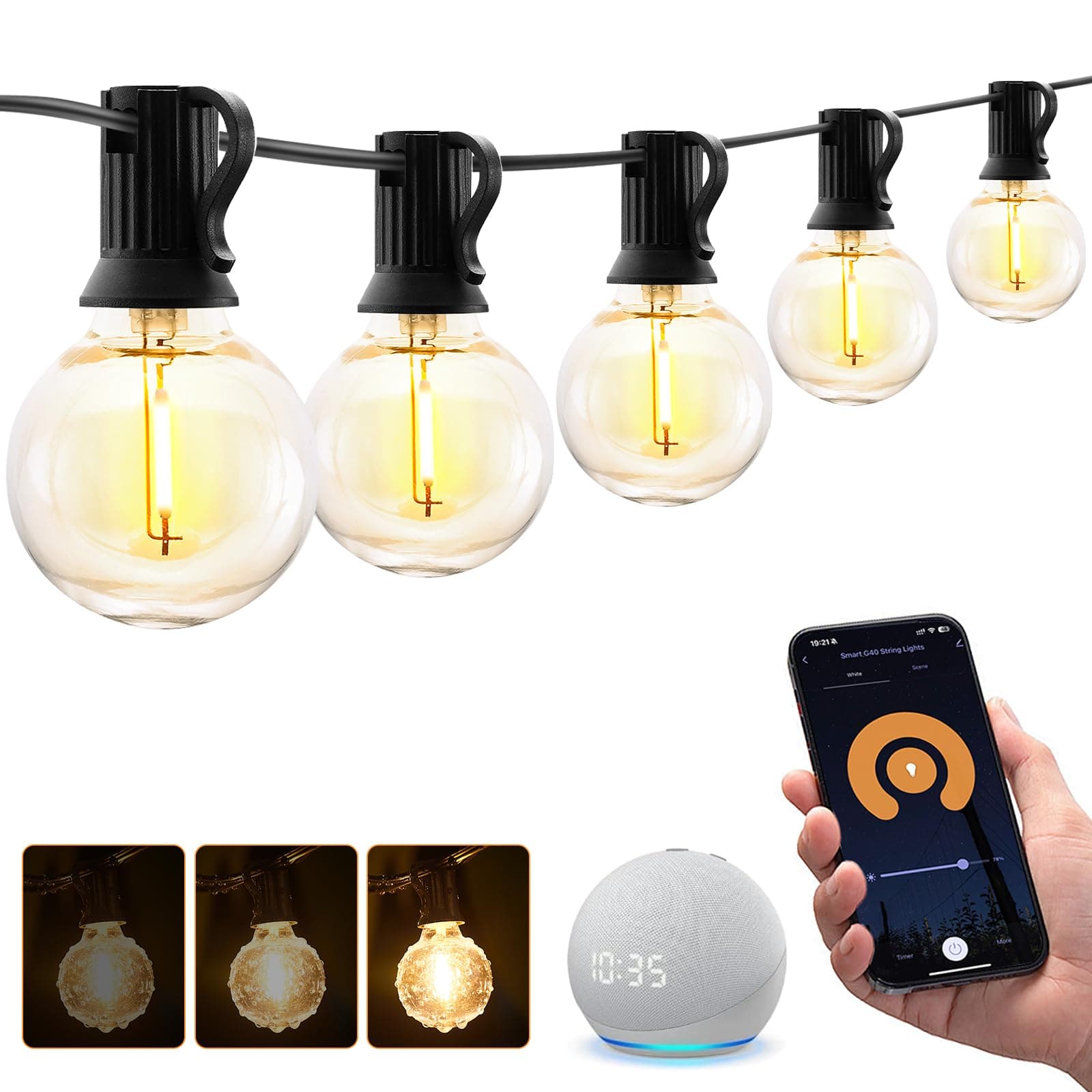 Smart Outdoor String Lights, 75Ft G40 Globe Patio Lights with 34 Dimmable LED Bulbs, WiFi & APP Control, Work with Alexa, Extendable Waterproof LED String Lights for Outside, Porch, Backyard