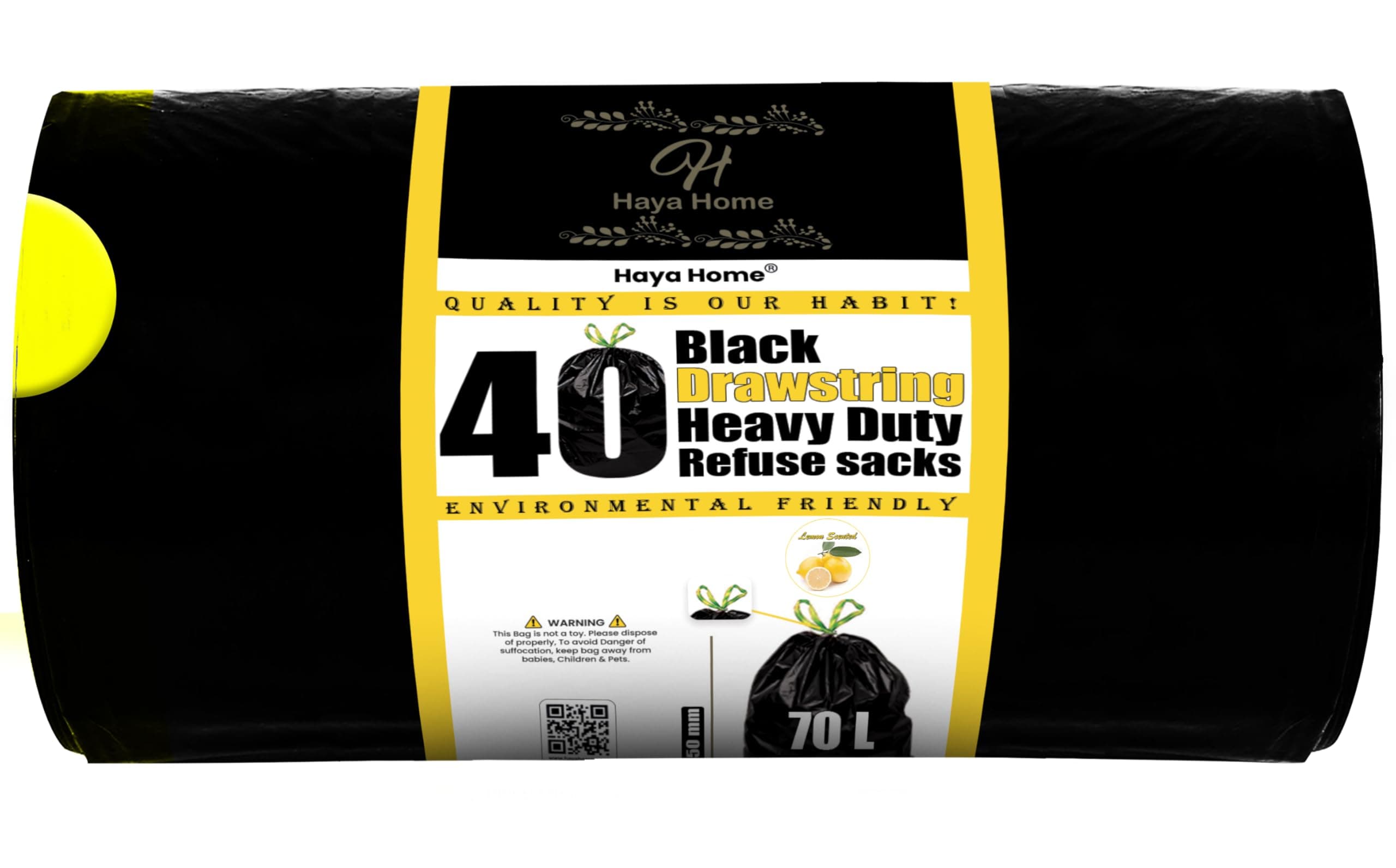 70L litre 40 Drawstring Bin Bags Heavy Duty Bin Liners, Black Plastic Refuse Sacks tie top handle large Waste Dustbin Bags for Kitchen Office DIY Garden100% Recycled Material