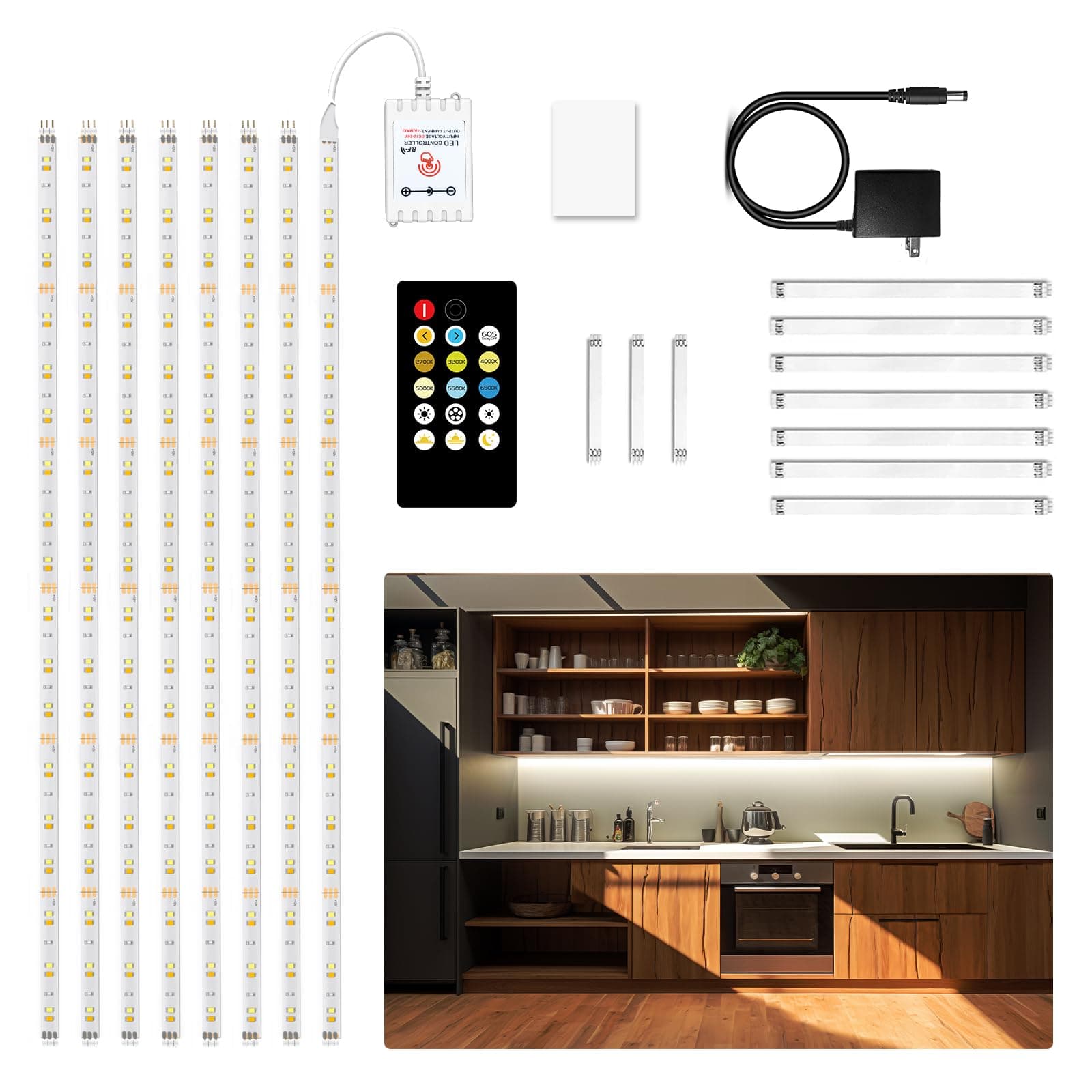 DAYBETTER 8 PCS Under Cabinet Lighting Kit, Bright Under Cabinet Lights, Flexible Led Strip Lights with Remote, for Kitchen Cabinets Shelf Desk Counter, 2700K-6500K Warm to Daylight White, 13.2ft