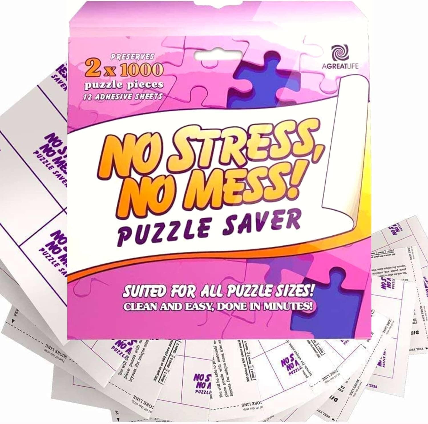 Permanent Adhesive Puzzle Saver Sheets - Preserve 2,000 Piece Jigsaw Puzzles - No Stress, No Mess - 12 Peel and Stick Puzzle Glue Sheets with 4 Self-Adhesive Hangers