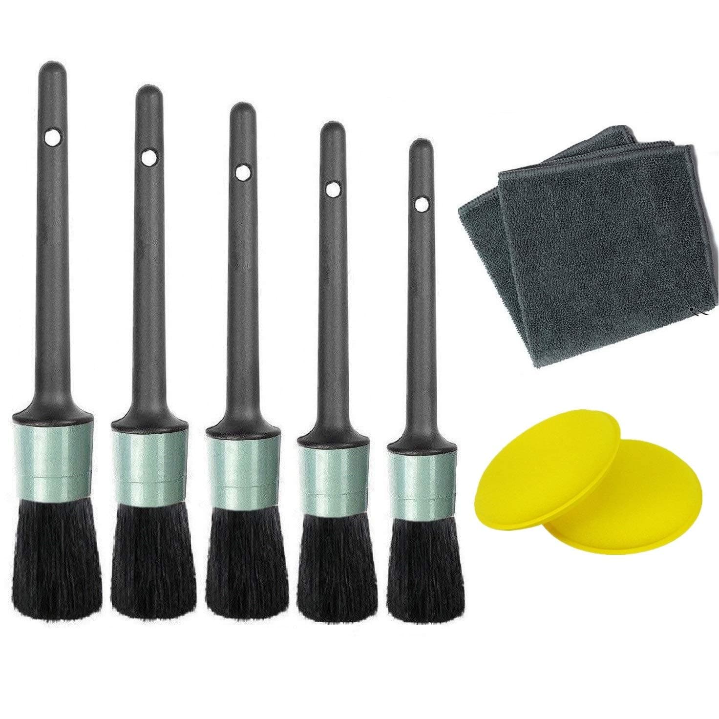 Master Auto Detailing Brush Set - 5 Different Sizes - Premium Natural Boar Hair - For Cleaning Engine, Wheel, Dashboard, Interior, Leather, Air Vents - Free Microfiber Towel and Foam Cleaning Pads