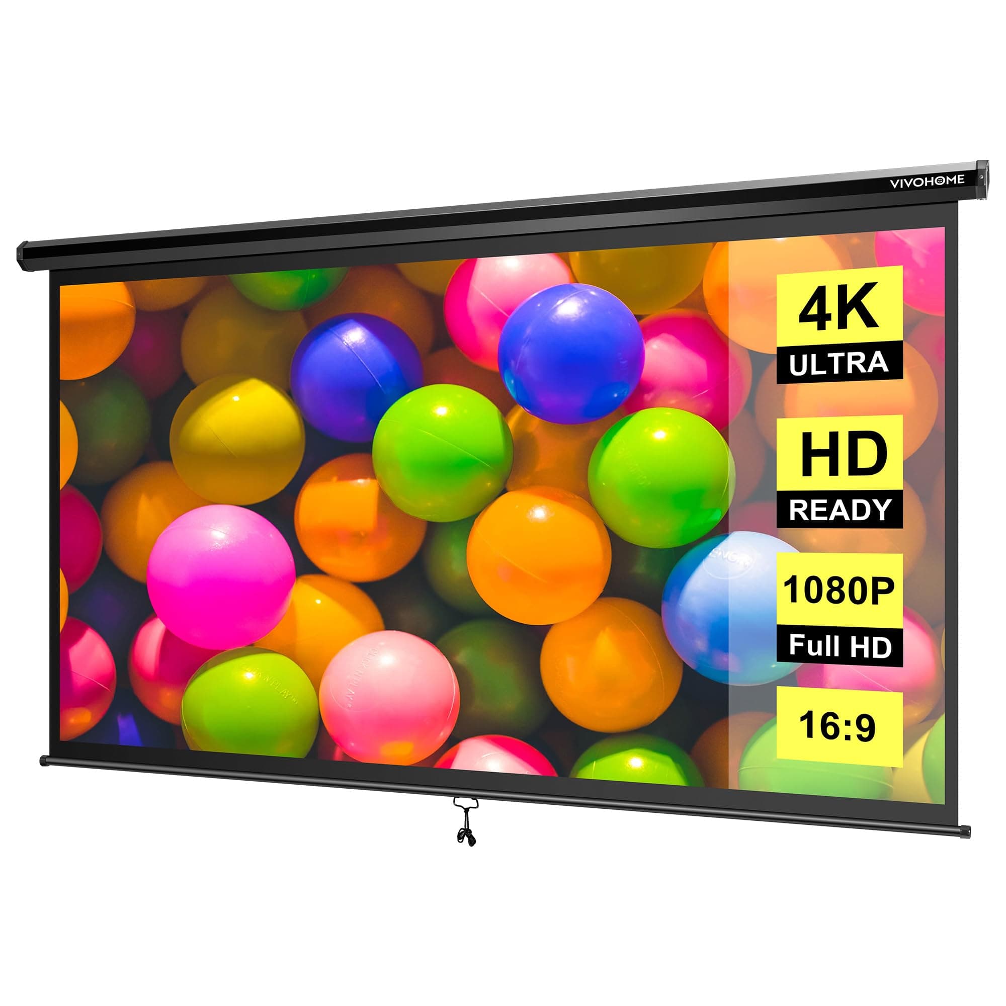 VIVOHOME 100 Inch Manual Pull Down Projector Screen, 16:9 HD Retractable Widescreen for Movie Home Theater Cinema Office Video Game