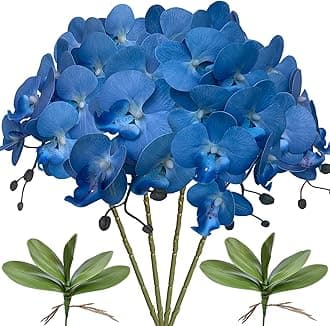 FagusHome 32" Artificial Phalaenopsis Flowers 4 Pcs with 2 Bundles Leaves Artificial Orchid Flowers Stem Plants Fake Butterfly Phalaenopsis Flowers for Home Wedding Party Décor (Blue)