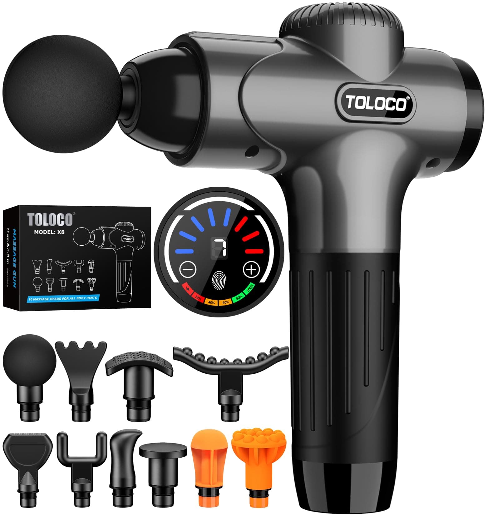 TOLOCO Massage Gun Deep Tissue, Percussion Massage Gun with 10 Replacement Heads, Super Quiet Portable Electric Massager for Athletes, Relax, Gray