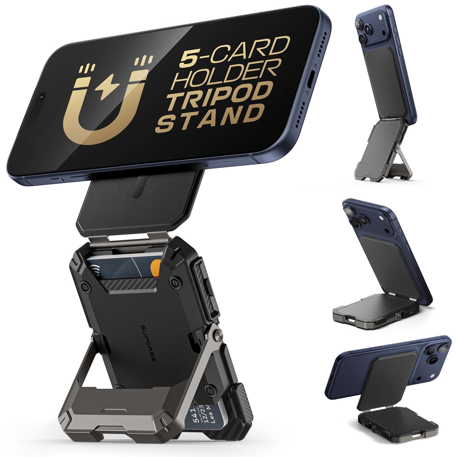 SUPCASE Magnetic Mobile Holder with Card Wallet with RFID Blocking, [Suitable for 5 Cards] [Adjustable Holder] for iPhone 17/16/15/14/13/12 Series, Black, 3.94 x 0.63 x 2.79 inches, Modern