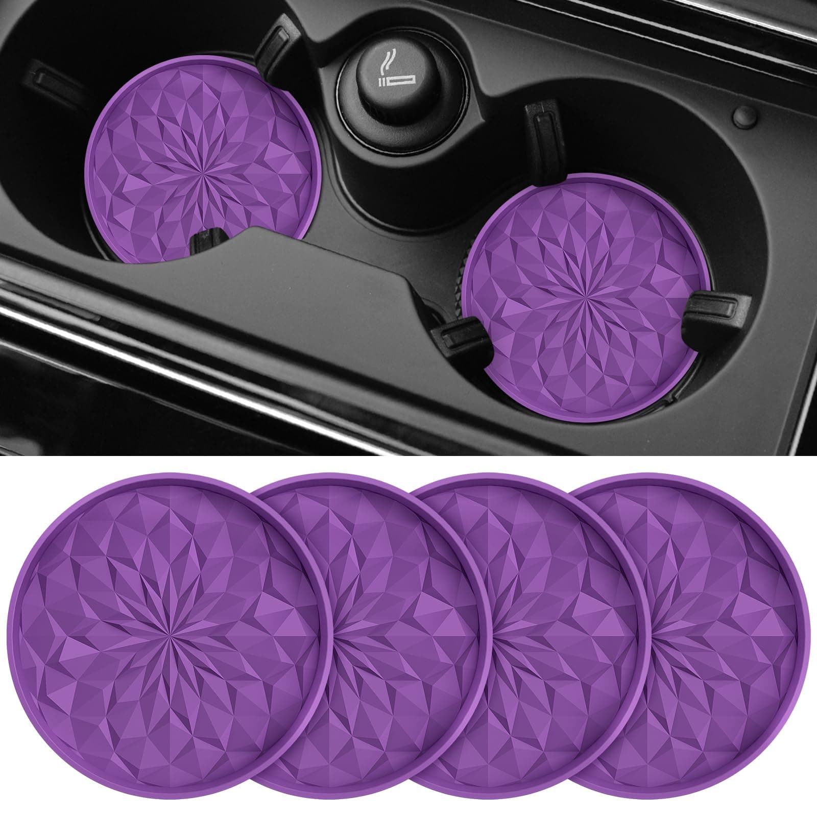 ME.FAN Car Coasters for Cup Holders [4 Pack] - 2.75In Silicone Auto Mug Mats - Universal Non-Slip Recessed Car Interior AccessoriesDeep Purple