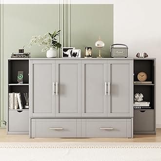 Full Size Murphy Bed with Bookcase on Each Side, Solid Wood Mobile Murphy Chest Bed with Drawers and USB Ports, Modern Platform Murphy Bed for Guest Room Home Office (Gray-N7)