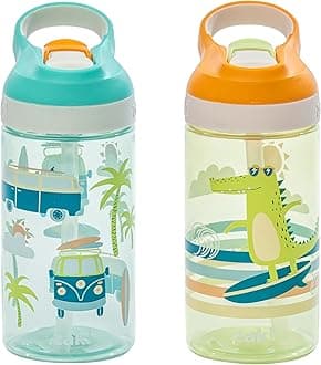Atlantic Kids Water Bottle For School or Travel, 16oz Durable Plastic Water Bottle With Straw, Handle, and Leak-Proof, Pop-Up Spout Cover, 2-Pack (Surf Boards and Palm Trees)