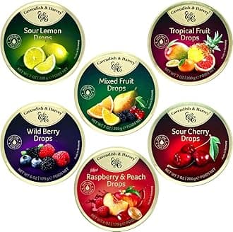 Cavendish and harvey variety flavor hard candy drops sour cherry, wild berry, tropical fruit, sour lemon, raspberry and peach, mixed fruit and other flavors tins 6 Pack by snackwave to cavendish and harvey variety flavor hard candy drops