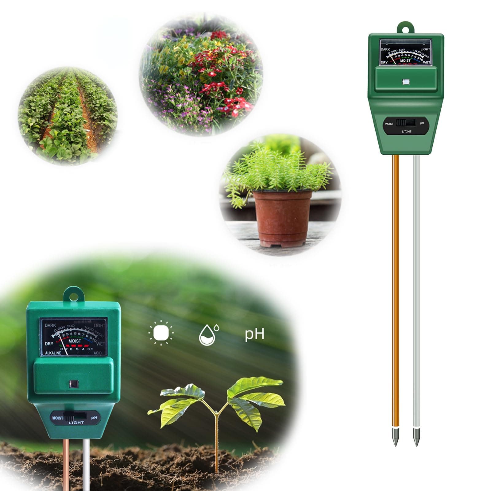 NALACAL 3-in-1 Soil pH Meter MS02, Moisture/Light/pH Tester for Gardening, Ideal for Garden, Lawn, Farm, Indoor & Outdoor Plant Care Tool Kits