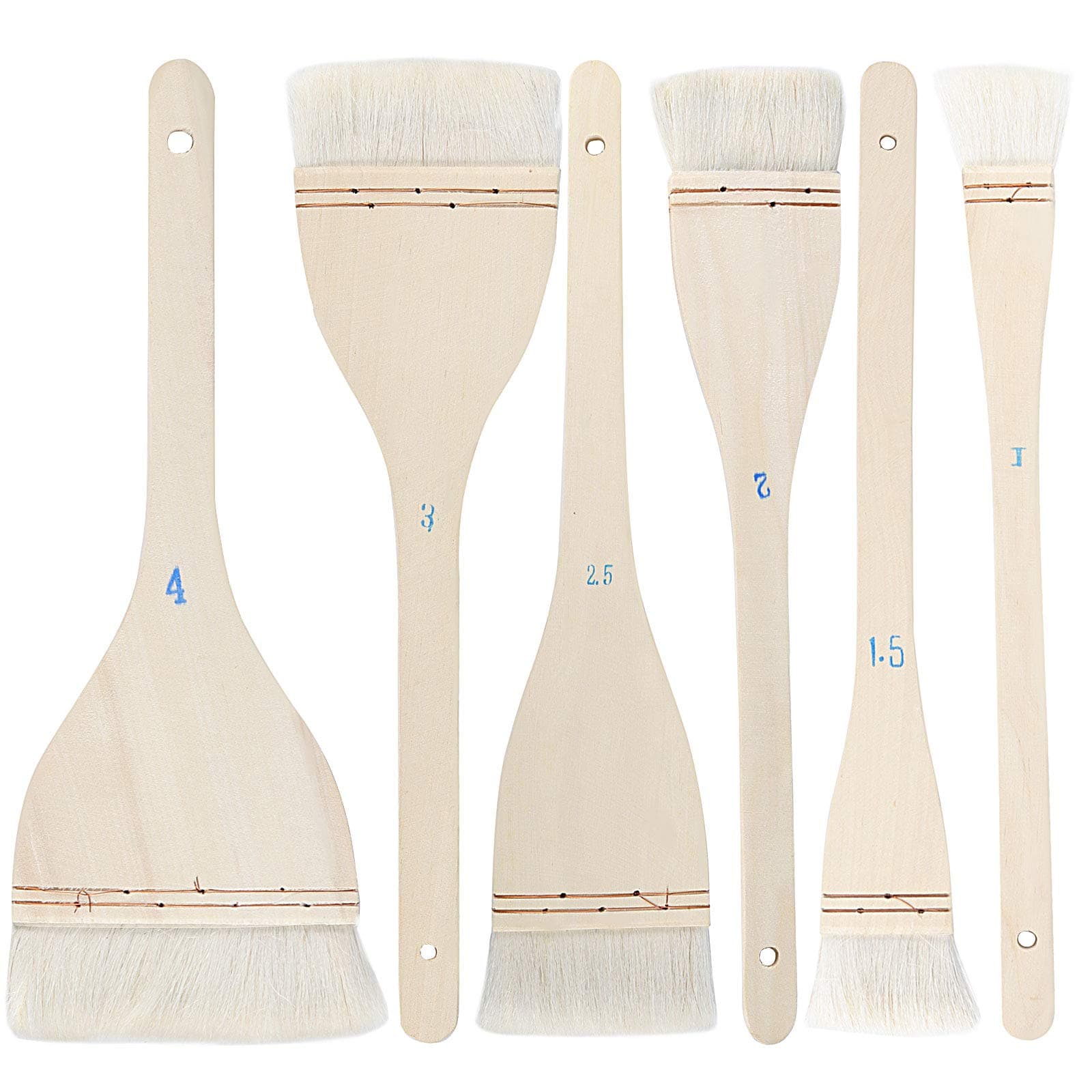 ZEONHEI 6 PCS 6 Size Flat Hake Brushes, Soft Goat Hair Brush and Hake Paint Brush with Solid Wooden Handle, Hake Brushes Set for Watercolor Pottery Painting Arts