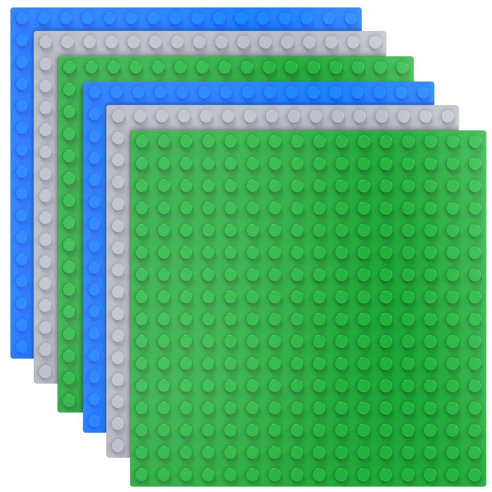 6 Pack Large Building Brick Baseboard in Blue, Green, Gray, 10 x 10 Inch Baseplates Compatible with DUPLO,MEGA, Baseplate for DIY Play Table or Wall