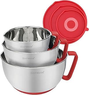 Rorence Stainless Steel Non-Slip Mixing Bowls With Pour Spout, Handle and Lid, Nesting Set of 3, Red